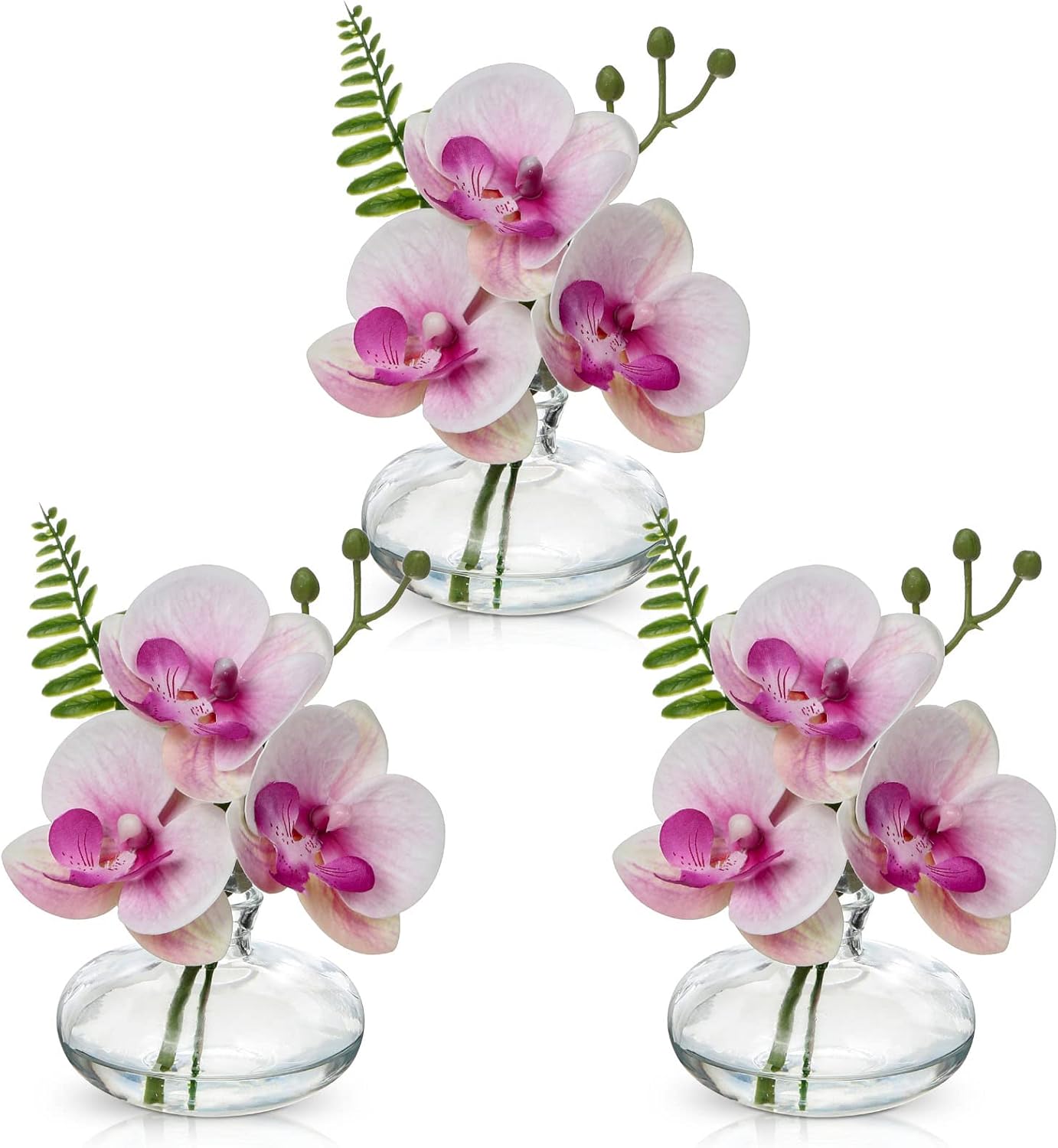 Pink Orchids Artificial Flowers Faux Orchids Arrangement in Clear Glass Vases Set of 3 Real Touch Phalaenopsis Orchid Flowers Small Fake Orchid Centerpiece for Dining Room Table