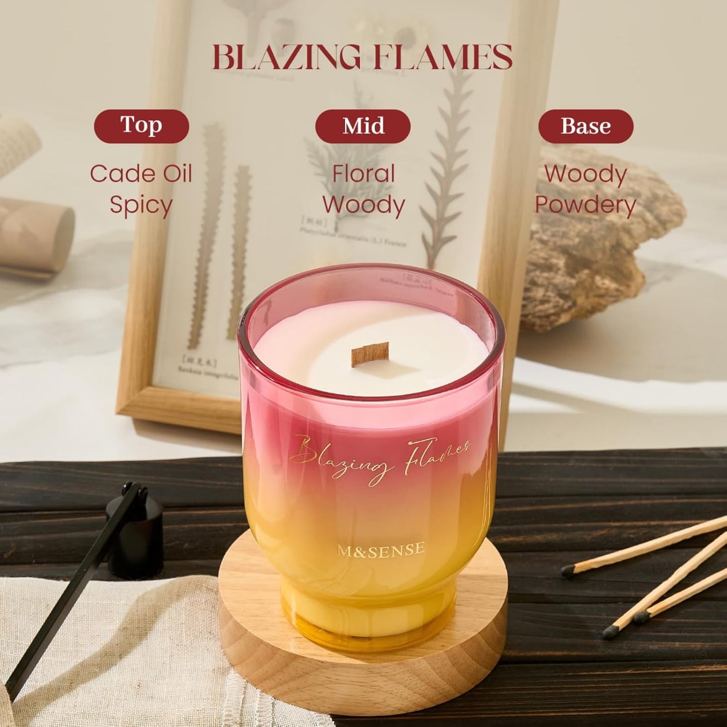 M&SENSE 16.6oz Natural Soy Large Jar Candle with Wooden Wick | Blazing Flames Scent | 95-Hour Burn & Long-Lasting Burn | Housewarming Gift for Men and Women