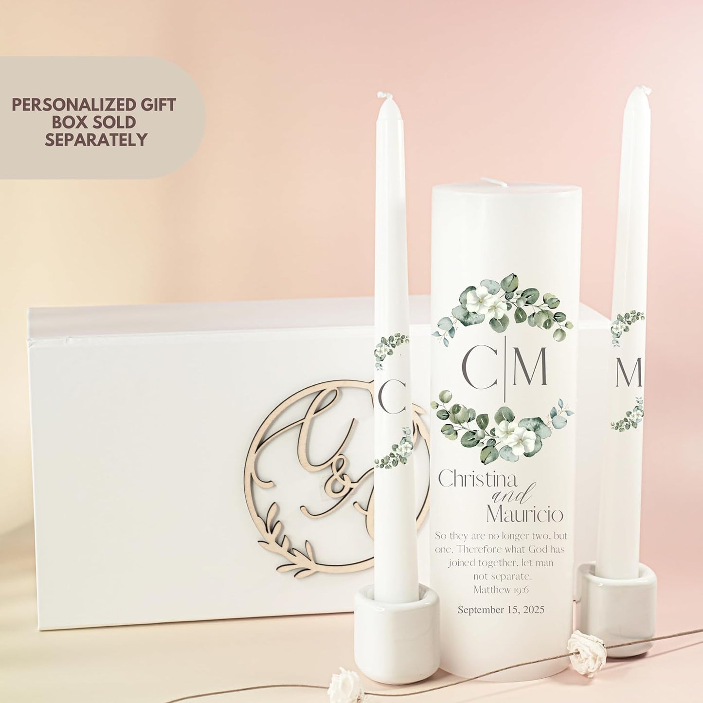 Unity Candles for Wedding, Modern Unity Set, Custom and Personalized Pillar and Taper Candles with Bible Quote, Unscented White Premium Wax, Religious and Wedding Ceremony, Special Events (Greenie)