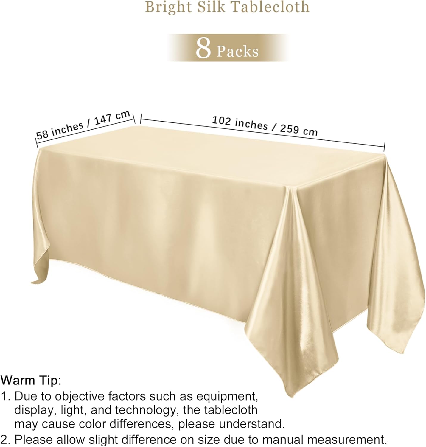 TURSTIN 8 Packs Champagne Satin Tablecloth 102 x 58 Inch Overlay Satin Table Cover Rectangle Bright Silk Tablecloth Smooth Fabric Table Decoration for Wedding Banquet Party Events