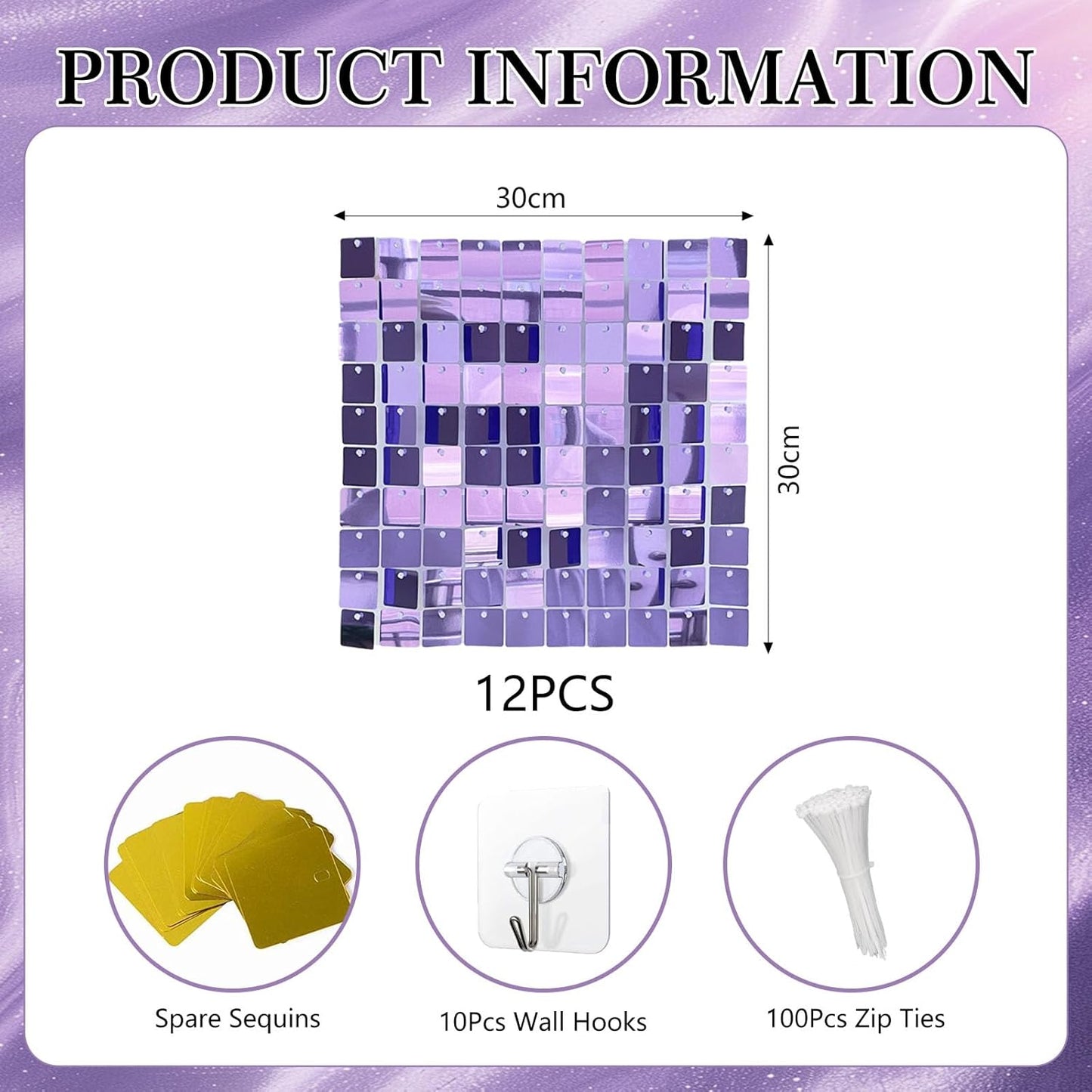 12PCS Light Purple Shimmer Wall Backdrop, Square Sequin Photo Backdrops Panel, Glitter Wall Background for Birthdays, Weddings, Graduation, Engagements, Disco Bachelorette Party Decoration (3FTx4FT)