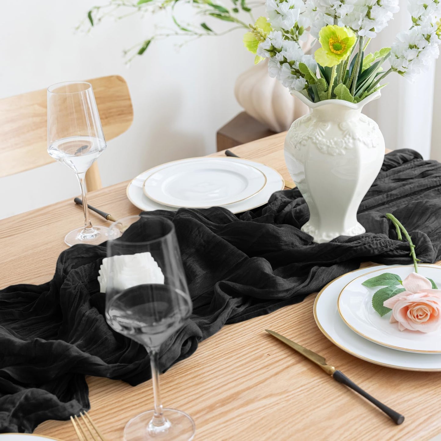 Asee'm 3pcs Cheesecloth Table Runner 120 Inches Long Black Boho Gauze Cheese Cloth Runner 10FT Rustic Sheer Table Runners for Christmas Wedding Party Baby Shower Spring Easter Decoration