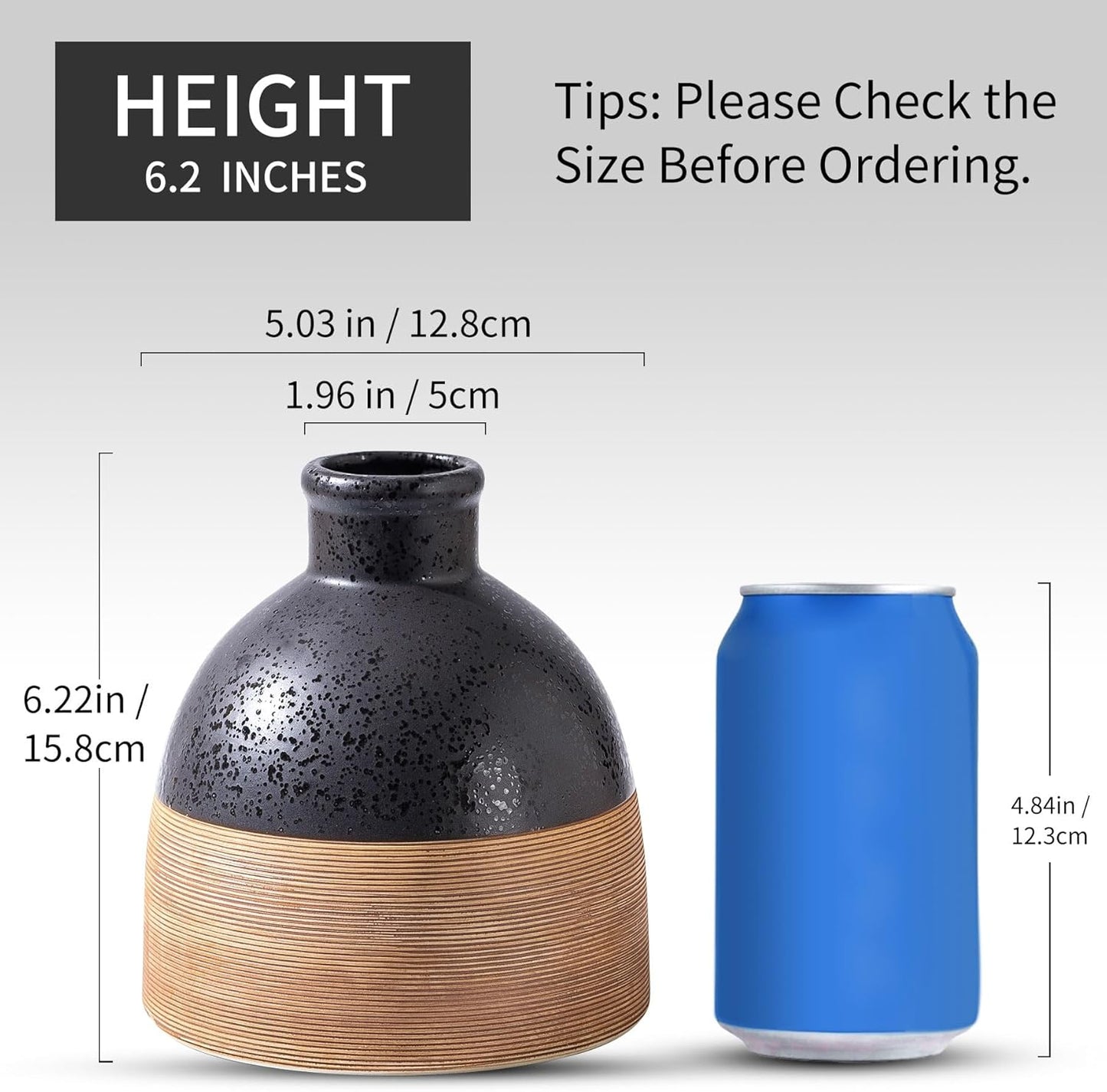 Black and Brown Rustic Farmhouse Flower Round Ceramic Striped Vase, Modern Bohemian Ceramic Floral Vase for Home Cottage Core Decor, Table, Living Room, Bookshelf Decor, Mantel, Wedding 6.5 Inch