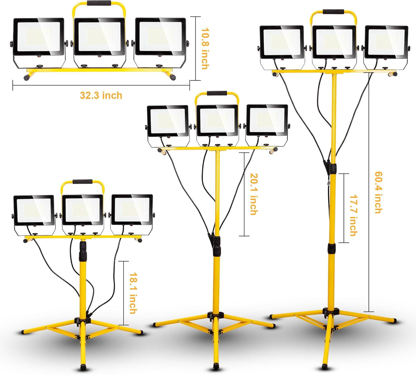 30000 Lumen Work Lights with Stand, 300W Three Head LED Work Light, Waterproof Lamp with Individual Switch, Adjustable Metal Telescoping Tripod