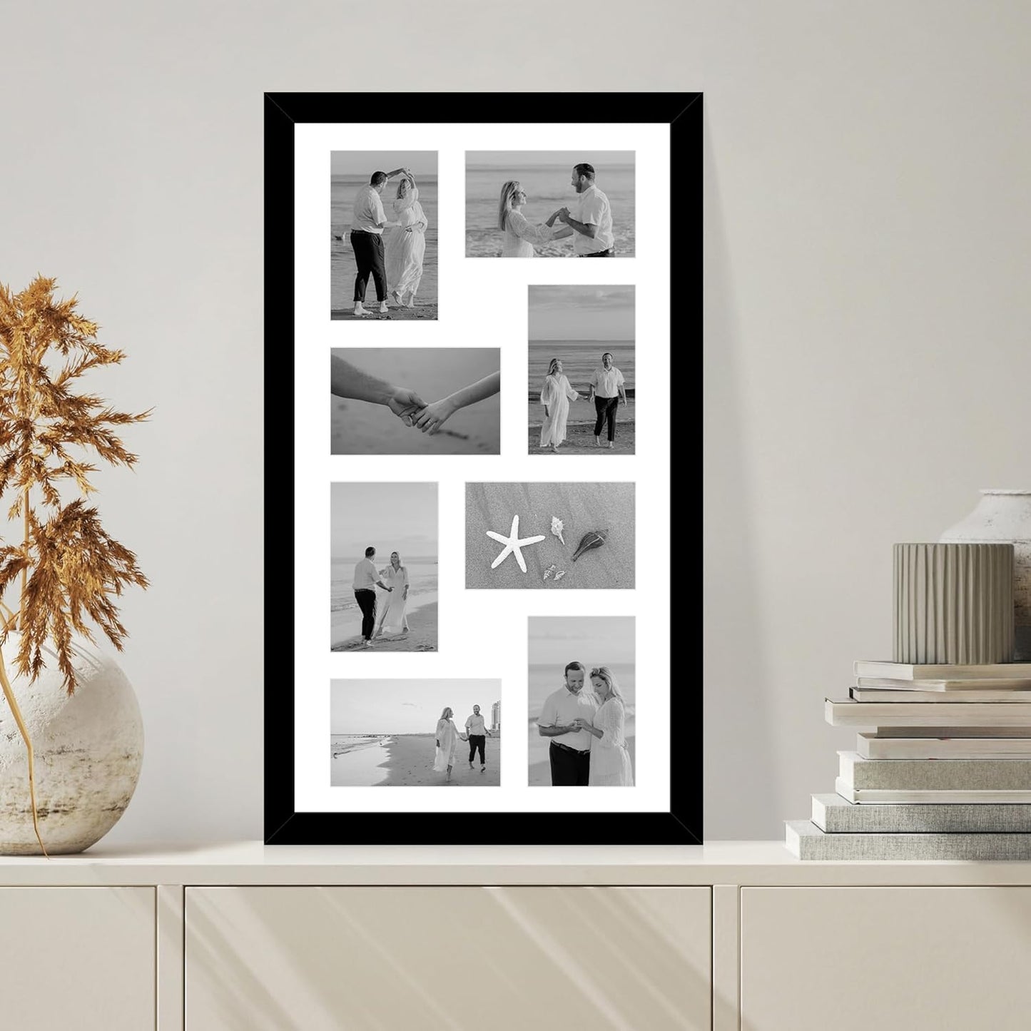 12x22 Picture Frame Set of 2, Black with Glass Collage Frame, Display Eight Opening 4x6 Photos With Mat or 12 x 22 Newspaper Without Mat - Horizontal or Vertical Wall Mounting