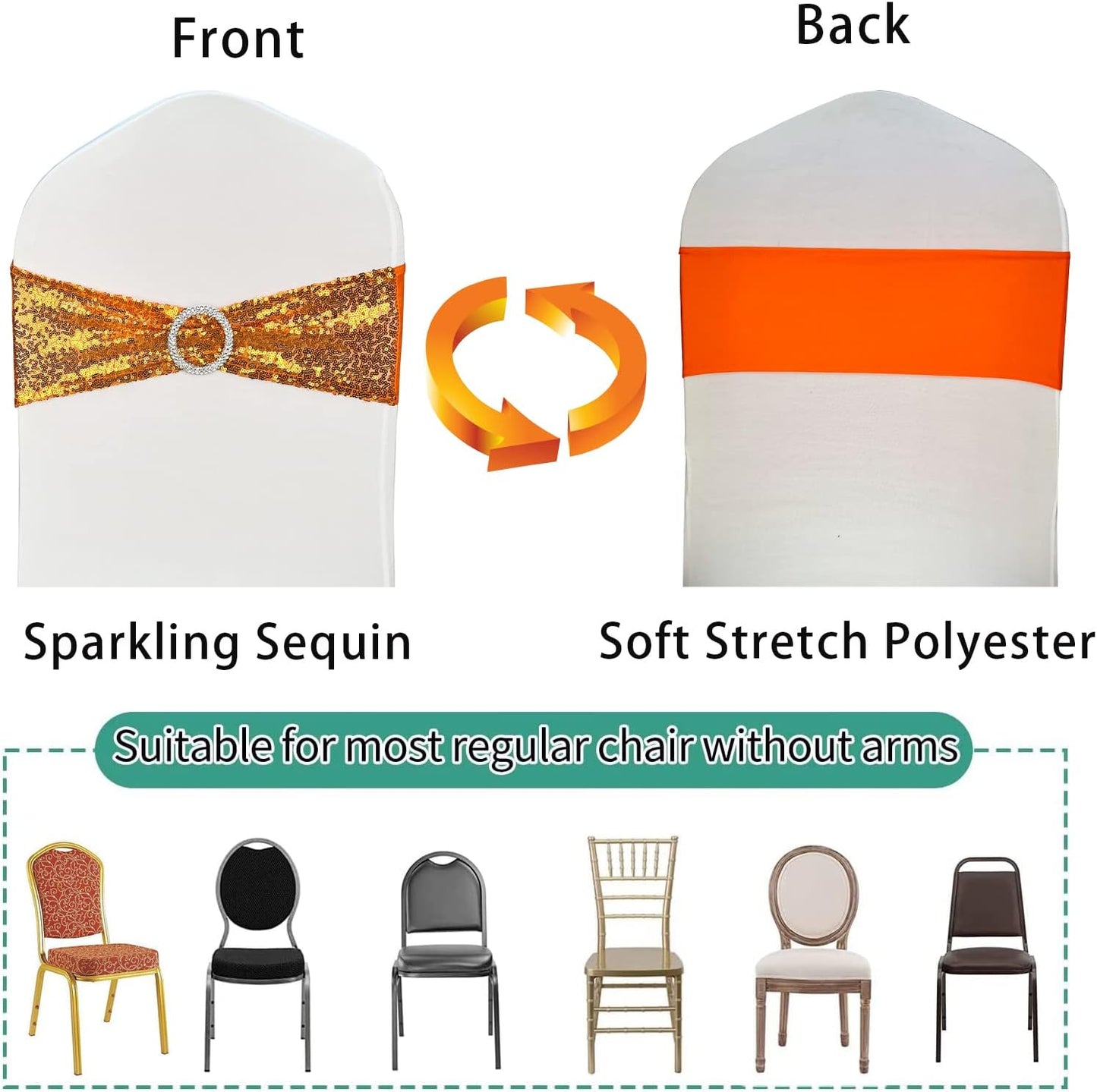 Chair Sashes Sequin Stretch Chair Bands Spandex Polyester Bows for Party Hotel Wedding Banquets Decoration - 6 Pcs Orange