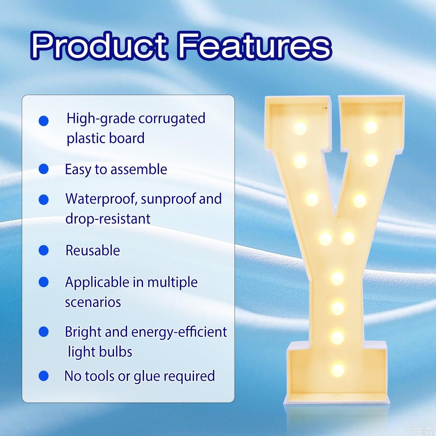 4FT Marquee Plastic Letters Y - Light up Letters Y Are Made from Corrugated Plastic Board - Quick Assembly Without Tools, Disassembled Components Can Be Used for Garage Sale Signs, Yard Sale Signs