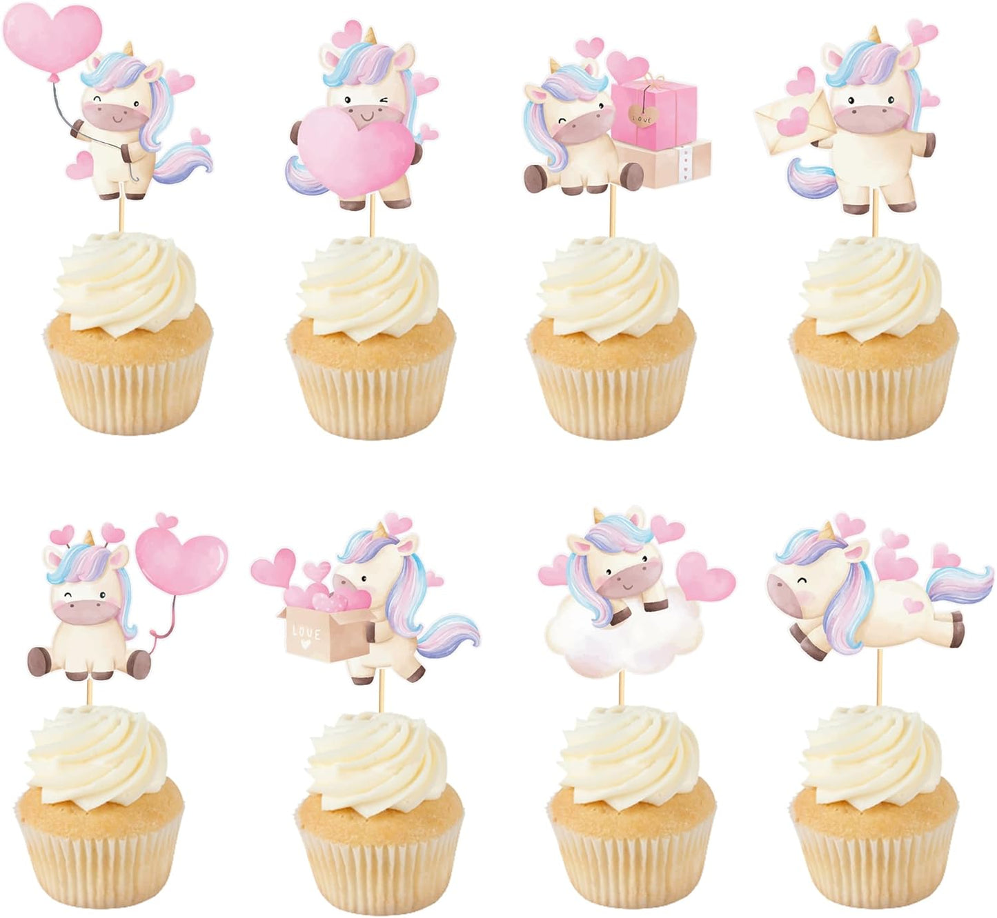 24pcs Unicorn Cupcake Toppers with Heart Unicorn Party Decoration Suitable for Baby Shower Valentine's Day Birthday Party Decoration