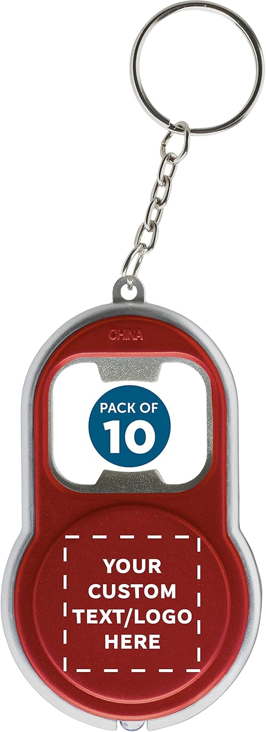 DISCOUNT PROMOS Custom Bottle Opener & LED Keychains Set of 10, Personalized Bulk Pack - Perfect for Tradeshows, Party Favors, Other Events - Red