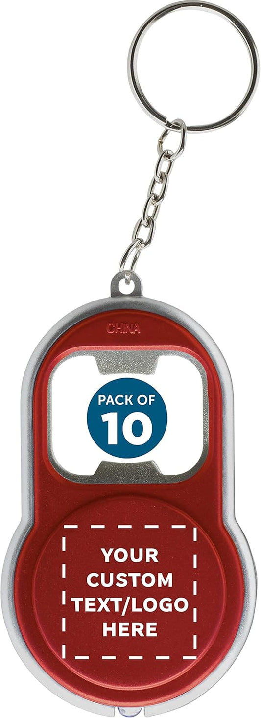 DISCOUNT PROMOS Custom Bottle Opener & LED Keychains Set of 10, Personalized Bulk Pack - Perfect for Tradeshows, Party Favors, Other Events - Red