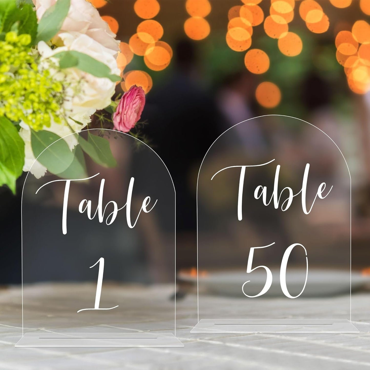 JOYIT Arch Wedding Table Numbers 1-50 with Stands – 5" X 7" Acrylic Table Signs with Clear Background White Text, Perfect Acrylic Numbers for Wedding Receptions, Parties, Anniversaries and Events