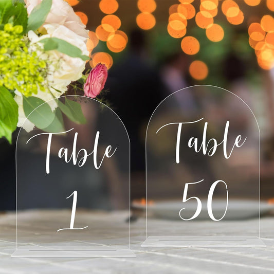 JOYIT Arch Wedding Table Numbers 1-50 with Stands – 5" X 7" Acrylic Table Signs with Clear Background White Text, Perfect Acrylic Numbers for Wedding Receptions, Parties, Anniversaries and Events