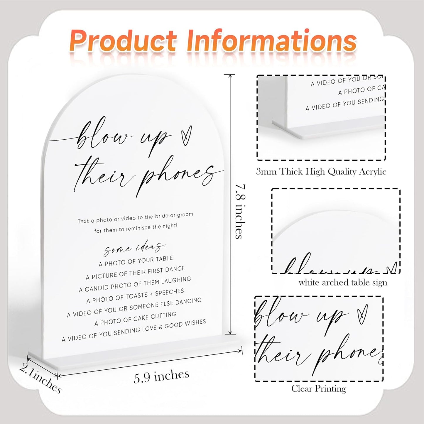 Blow Up Their Phones Sign, White Arch Acrylic Wedding Sign, I Spy Wedding Game, Bridal Shower Decor, Engagement Party Decor, Centerpiece Table Decorations Party for Bride and Groom-22