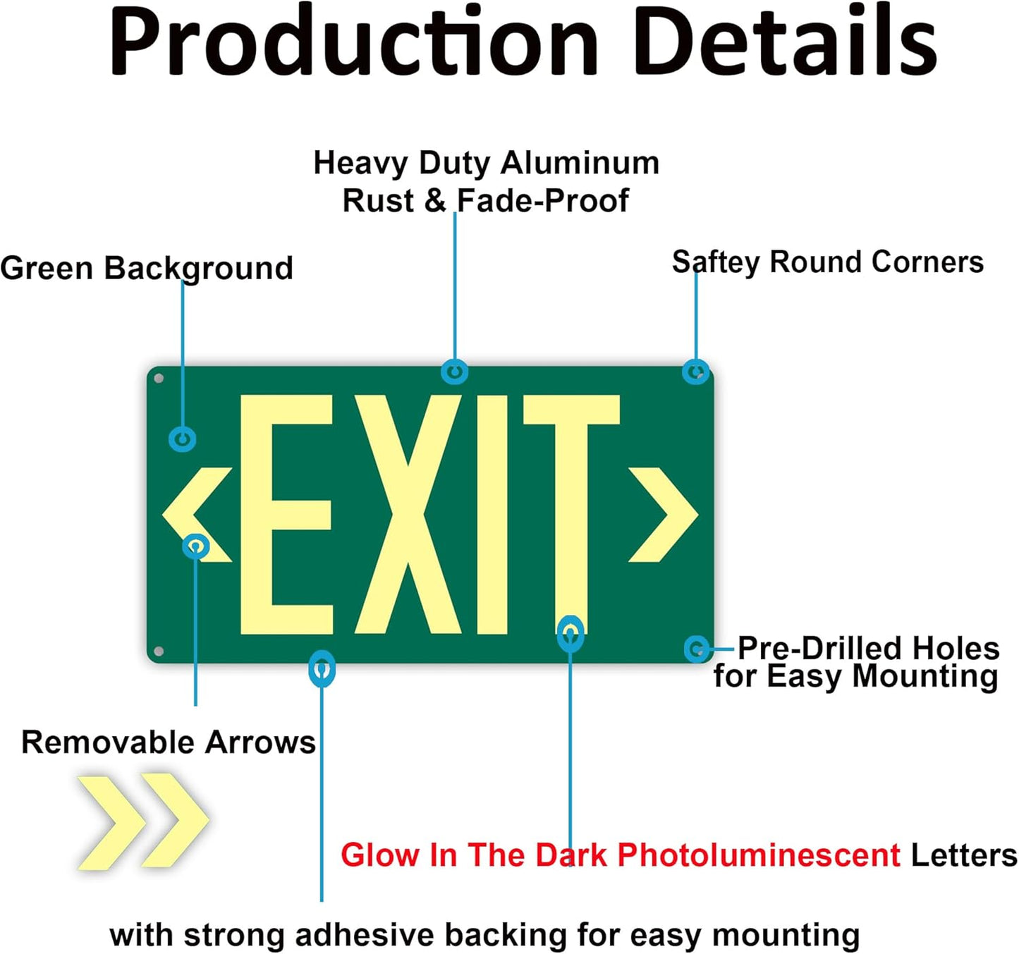 3Pack Photoluminescent Exit Sign Green - 14.25"x 7.5" Aluminum - Adhesive Backing- Includes 6pcs Removable Arrows - Glow In The Dark Exit Signs