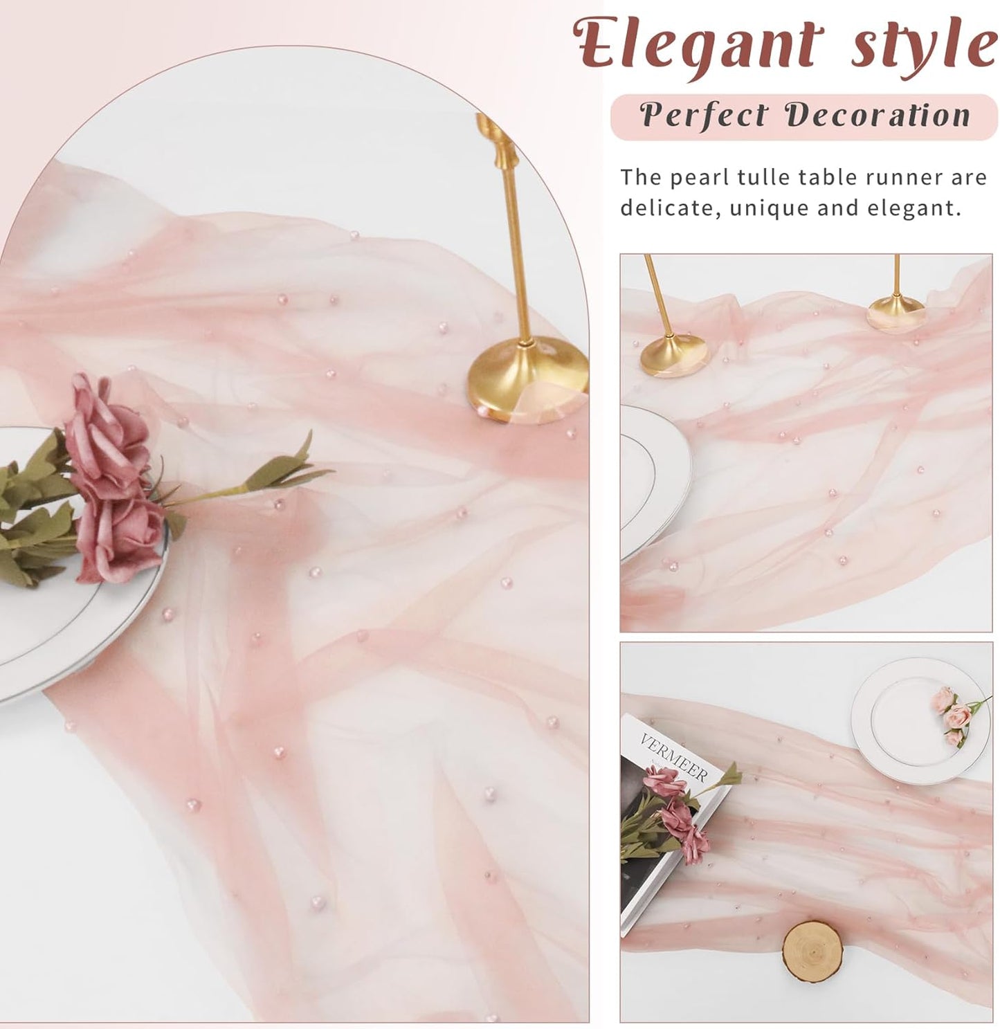 Set of 6 Pearl Table Runner 29 x 120 Inch Dusty Pink Tulle Fabric Lace Table Runners Boho Rustic Table Runners for Bridal Shower Birthday Party Wedding Arch Aisle Veil Dessert Table Decor(Dusty Pink)