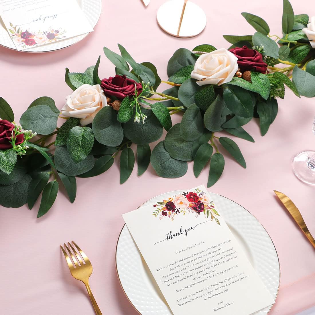 ponatia 6.5FT Handcrafted Artificial Rose Flower Garland, Eucalyptus Greenery Garland for Wedding Ceremony Garlands Backdrop Arch Flowers, Reception Table Decorations (Burgundy & Ivory Cream)