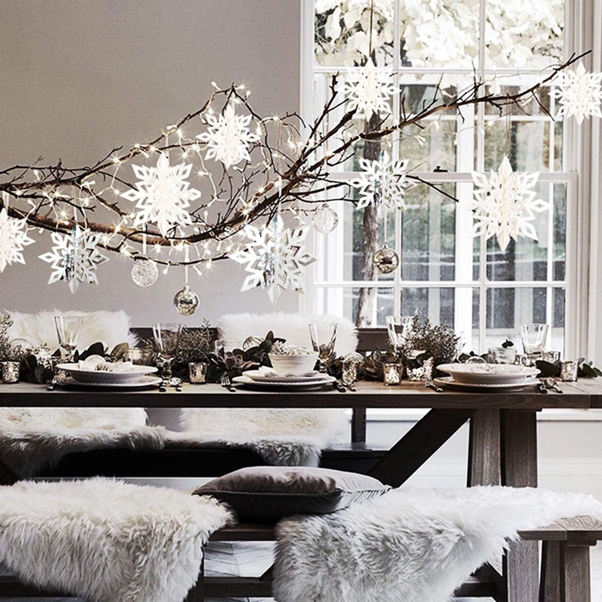 OuMuaMua Winter Christmas Hanging Snowflake Ornaments, 12PCS Snowflakes Garland & 12PCS 3D Glittery