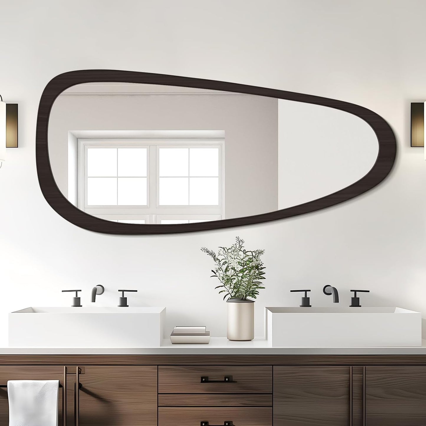 WallBeyond Asymmetrical Mirror, Irregular Wall Mirror, Wall Mirrors Decorative for Bedroom Living Room Entryway Hall, Wood Mirror for mid Century Modern Decor 48" H x 22" W, Black