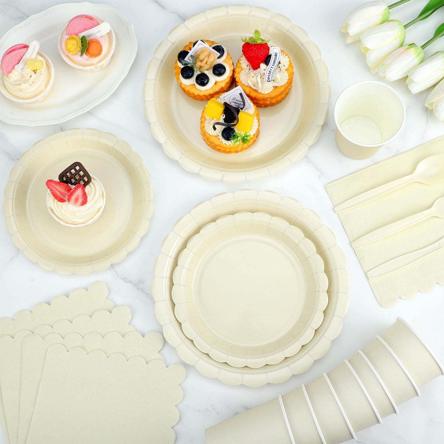 Xiangqu 25 Set Party Plates and Cups and Napkins Ivory Scalloped Dinnerware