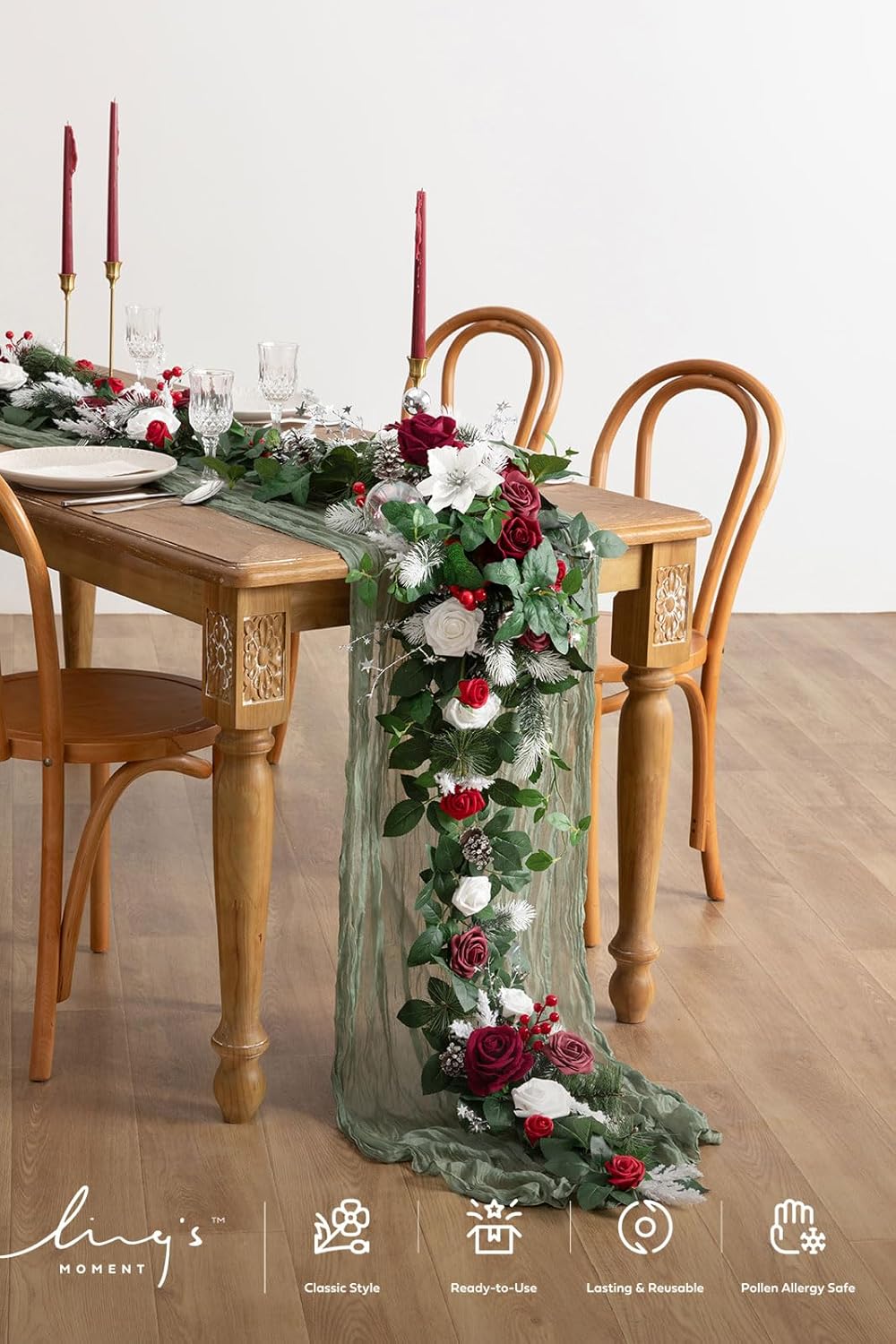 Ling's moment Eucalyptus Garland with Flowers 6FT，Table Runner with Flowers Marsala Mantle Decor Handcrafted Wedding Centerpieces for Rehearsal Dinner Bridal Shower | Red & White
