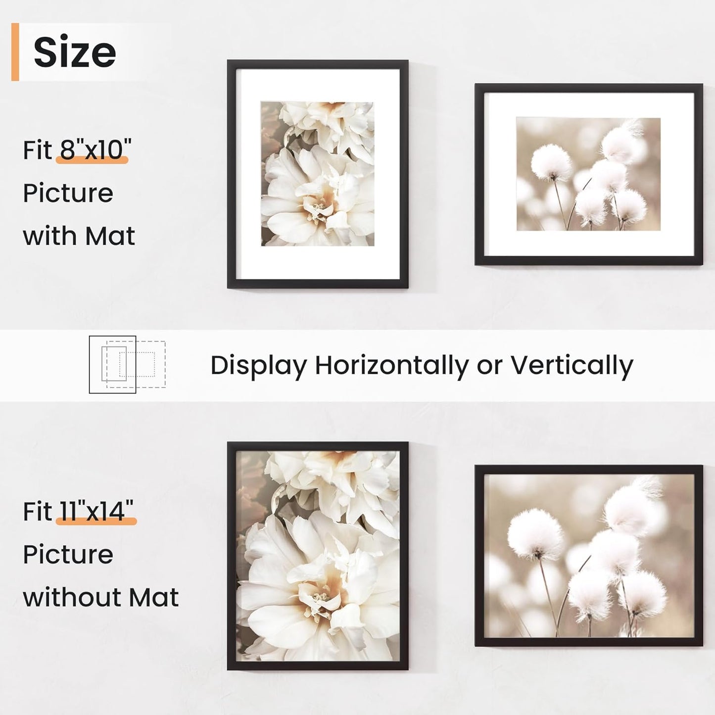 11x14 inch Picture Frame, 11x14 Photo Frames with 8x10 Removable Mat - High Definition Plexiglass - Vertical and Horizontal Display - Wall Hanging Frame - Black, 5 Pack