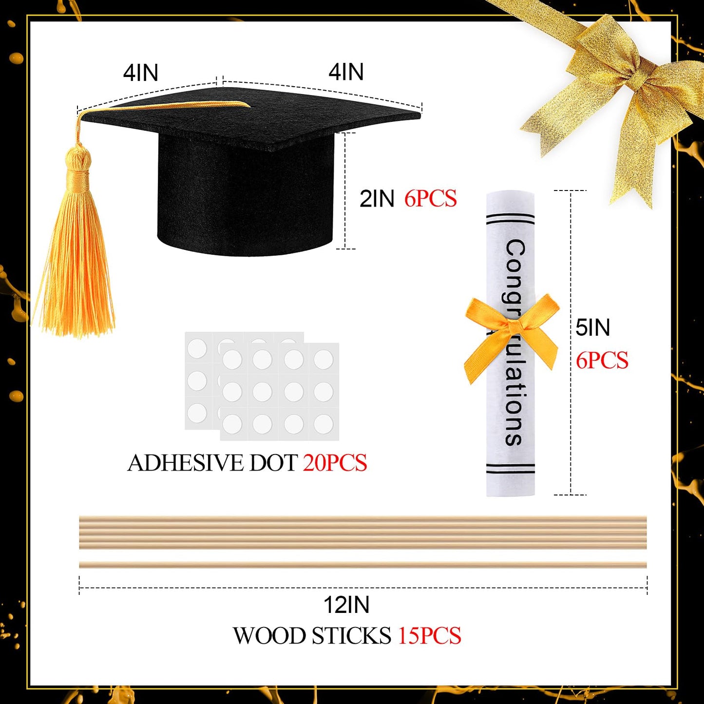Breling Graduation Centerpiece Felt Cap Sticks,Black and Gold,12 Pcs