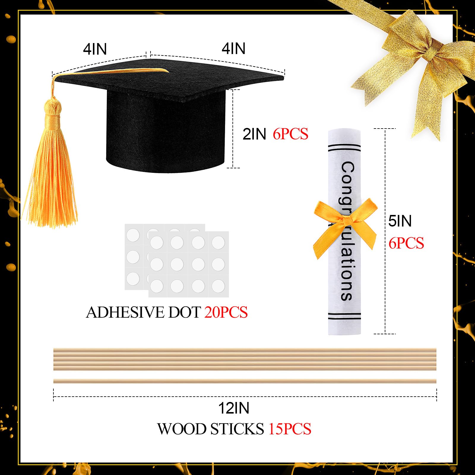 Breling Graduation Centerpiece Felt Cap Sticks,Black and Gold,12 Pcs