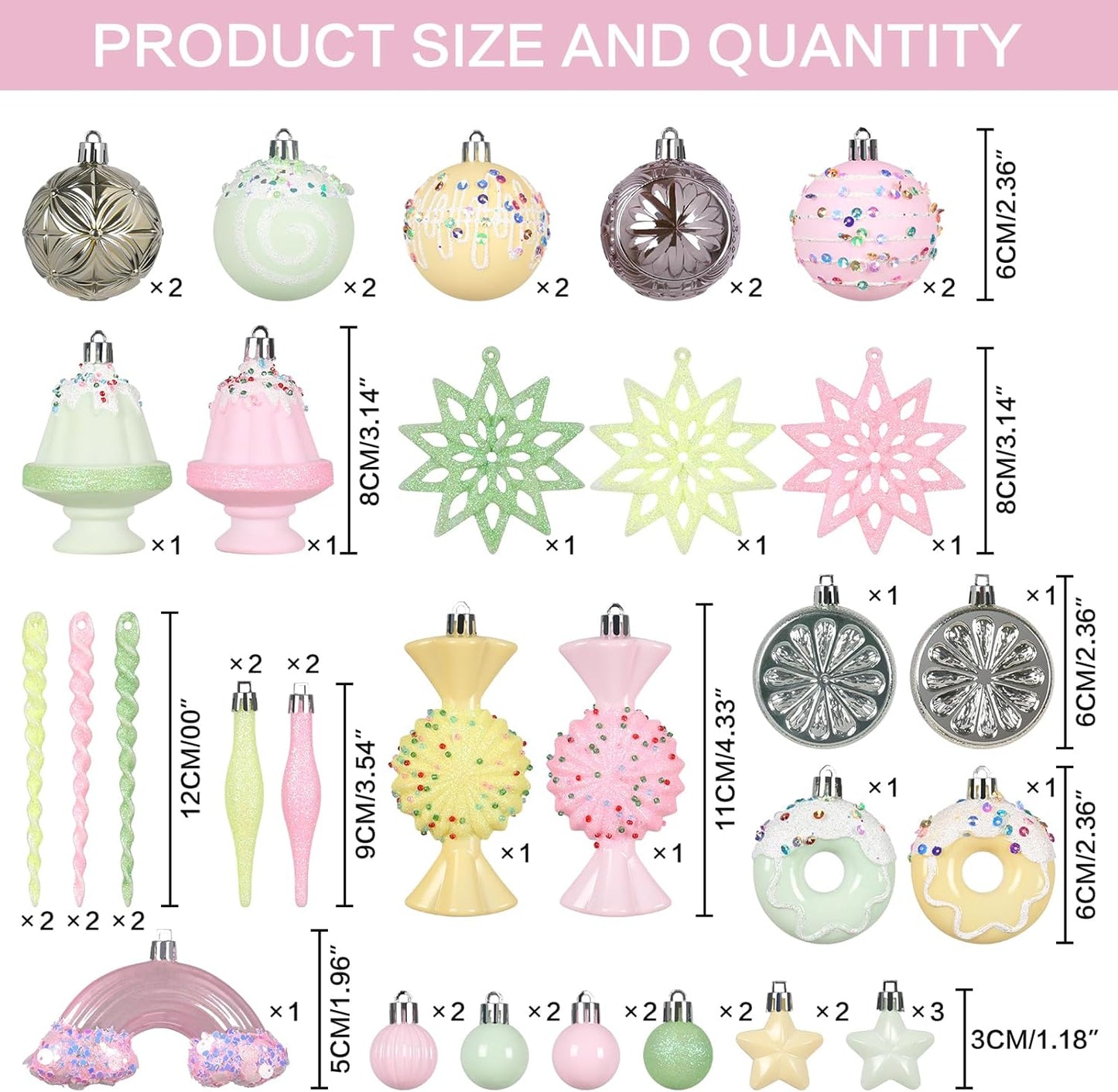 RoseCraft Christmas Ball Ornaments Set, 45 Pack Macaroon Plastic Shatterproof Christmas Tree Hanging Decorations, for Home Wedding Holiday Xmas Party Decor.