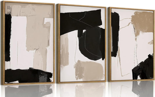 myusuar 3 Piece Large Modern Abstract Canvas Framed Wall Art For Living Room, Black And Beige Blocks Minimalist Wall Art Decor Posters Prints For Bedroom Office, 16x24in