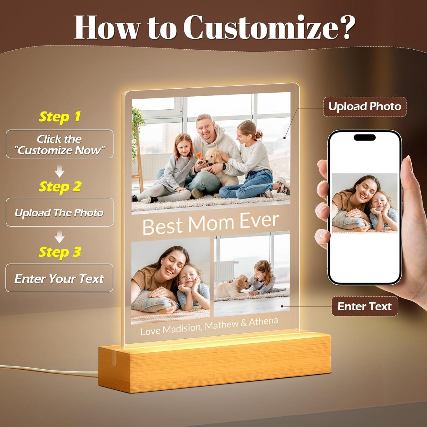 Custom Picture Frames with Photo, Personalized Acrylic Photo Frame with Night Light, Customized Picture Frames, Custom Photo Gifts, Personalized Birthday Gifts for Mom, Baby, Kids, Family