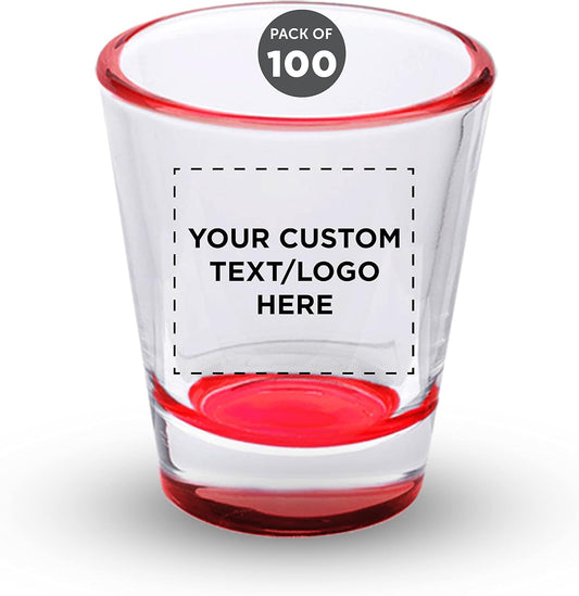 Custom Shot Glasses 1.75 oz. Set of 100, Personalized Bulk Pack - Great for Wedding Favors, Bachelorette Party Decorations, Party Fovors, Color Bottom - Red