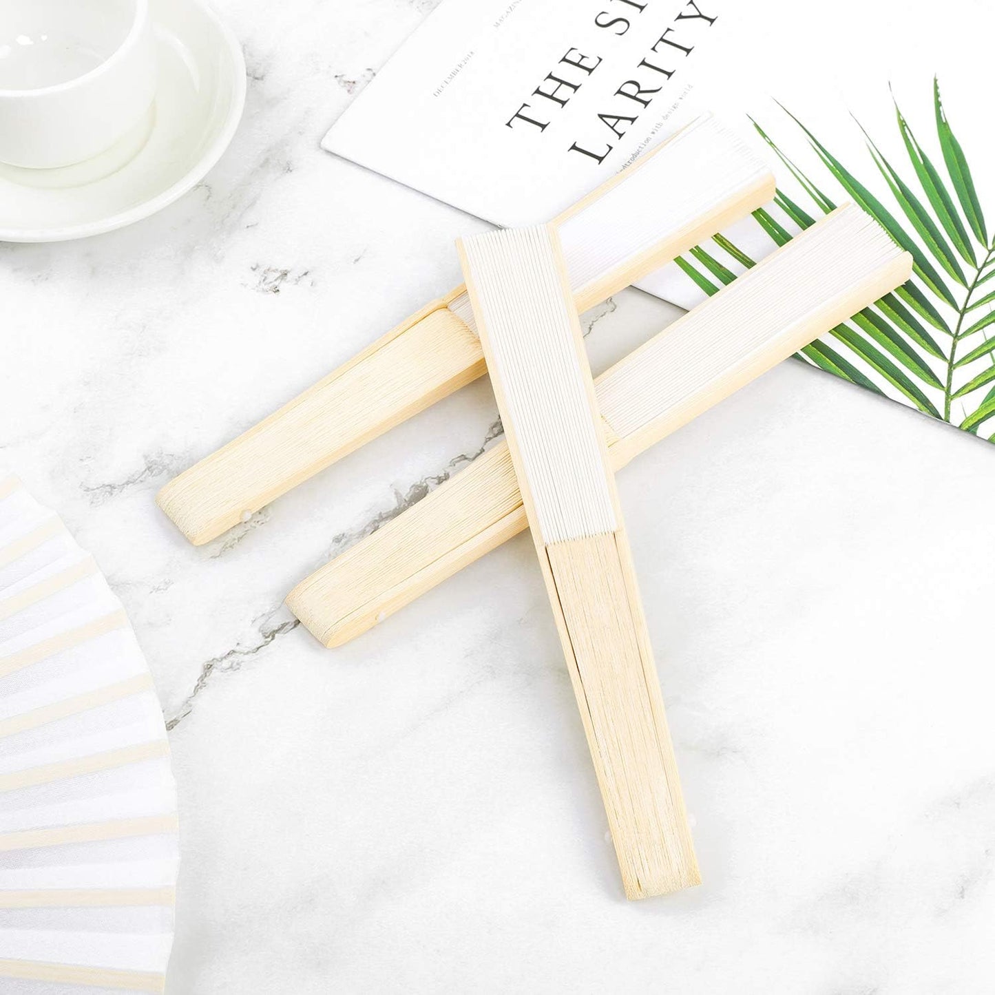 URATOT 24 Pieces White Folding Fans Silk Bamboo Folding Fans Handheld Fan for Wedding, Party Decoration