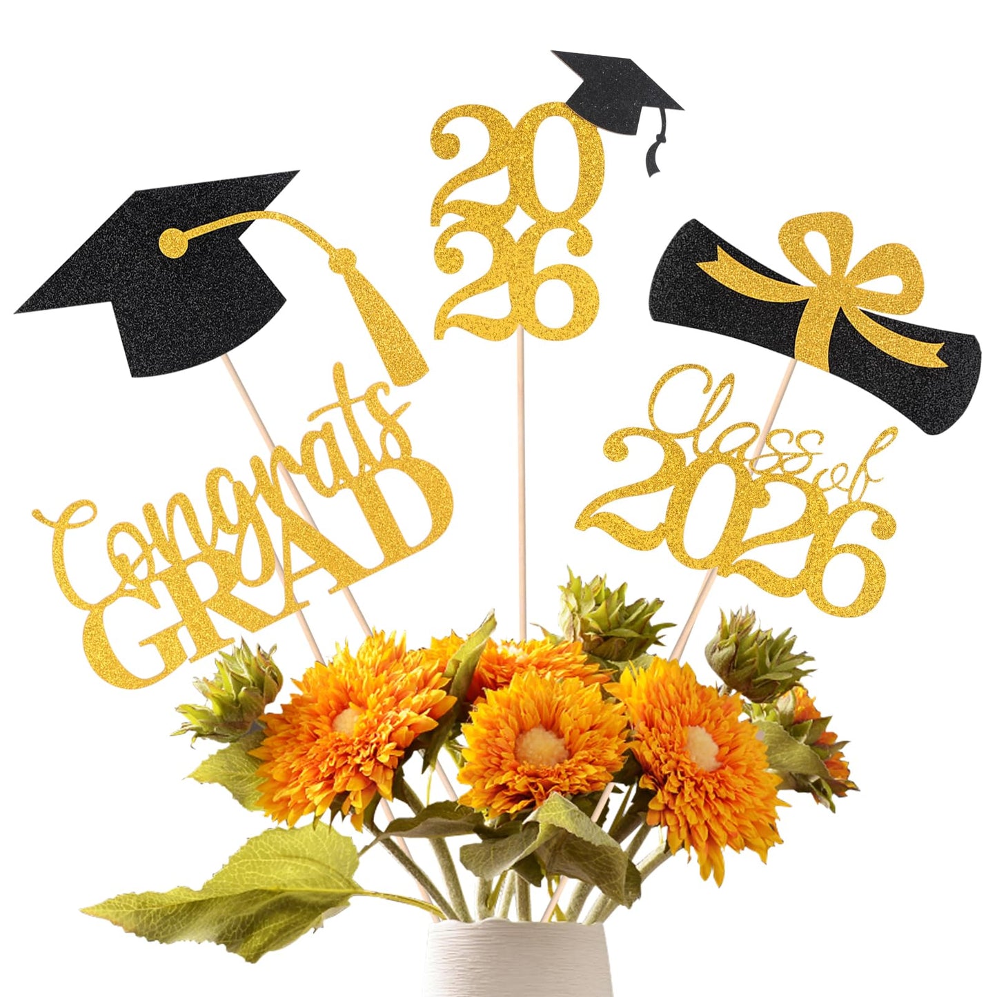 Cyunda Graduation Decorations 2026, 20 PCS Sparkling Black and Gold Double-Sided Centerpiece Sticks