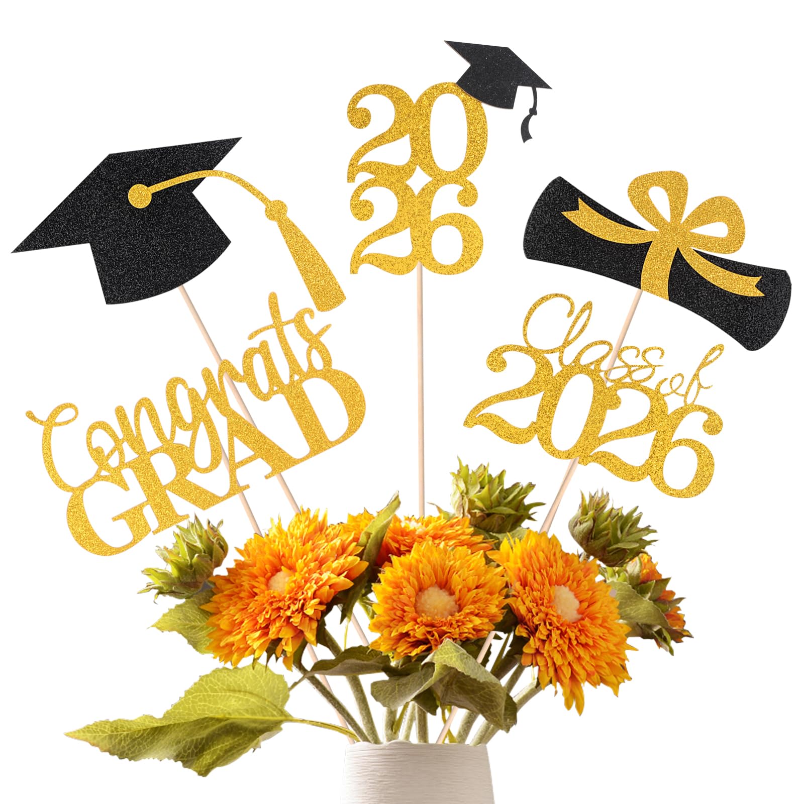 Cyunda Graduation Decorations 2026, 20 PCS Sparkling Black and Gold Double-Sided Centerpiece Sticks
