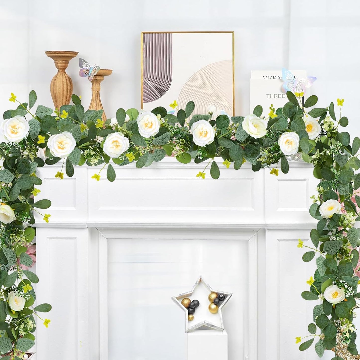 ASTRYAS 2 Pack 6.23Ft Artificial Eucalyptus Garland with Flowers, Fake Rose Garland Greenery Garlands Floral Vines for Wedding Spring Home Party Craft Art Table Runner Decor(White)