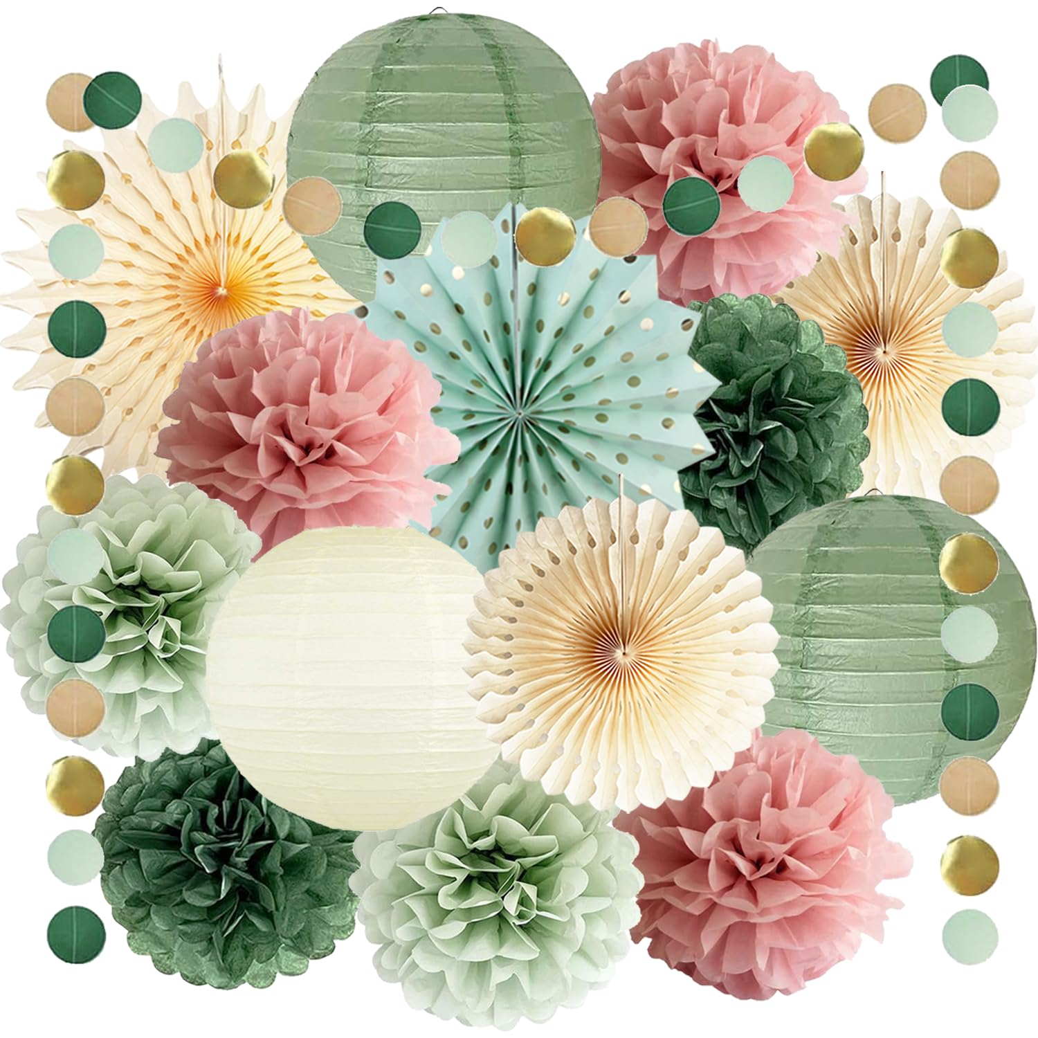 Sage Green and Dusty Pink Party Decorations Green & Pink Party Decor Sage Tissue Pom Poms Paper
