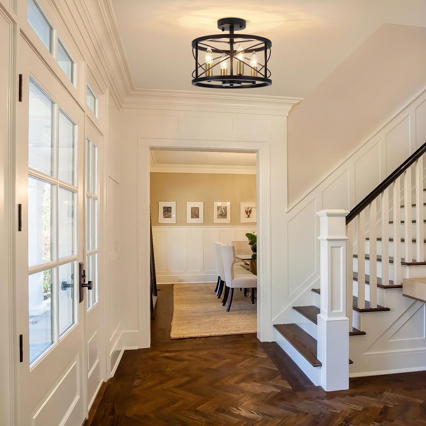 Black and Brushed Gold Semi Flush Mount Ceiling Light, Farmhouse Modern Light Fixture, Hallway Light Fixtures, 4-Light Ceiling Lamp for Kitchen, Entryway, Laundry Room, Bedroom Lighting, UL Listed