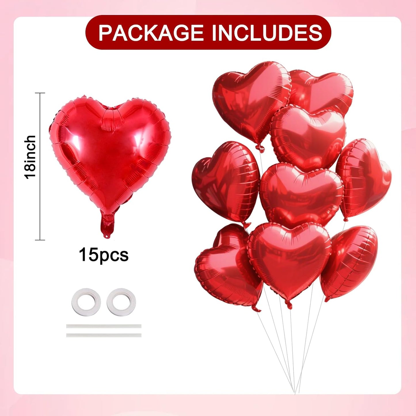 TONIFUL 15Pcs 18 Inch Red Heart Balloons Valentine’s Day Heart Shape Foil Mylar Balloons Decoration for Romantic Valentine's Day Wedding Bridal Shower Anniversary Engagement Party Supplies