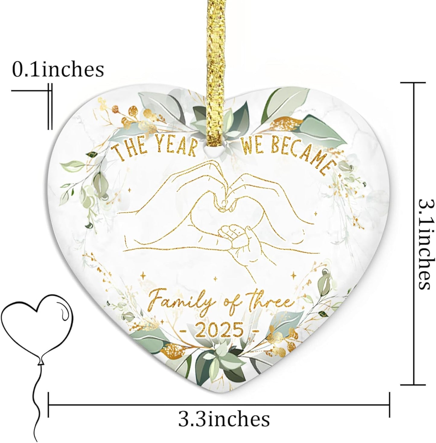 GOSSBY Baby First Christmas Ornament 2025 - The Year We Became Family of 3 - Baby Frist for New Parents - Newborn, 1st Xmas Tree Decoration - Heart-Shaped Ceramic Ornament