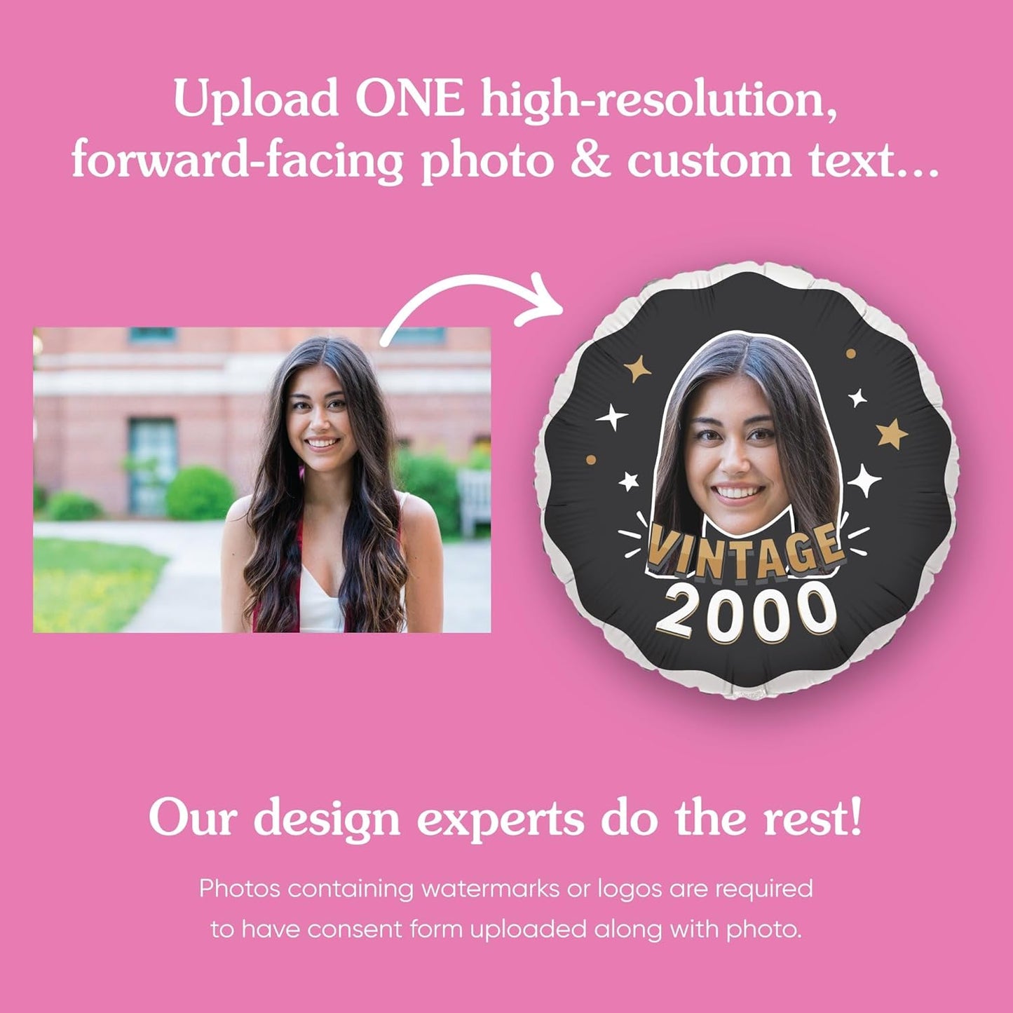 Big Dot of Happiness Personalized Vintage Birthday Photo Balloon, Custom Fun Face Cutout Head, Milestone Birth Year, Black & Gold Party Decoration, Double-Sided Mylar Balloon, 1 Piece