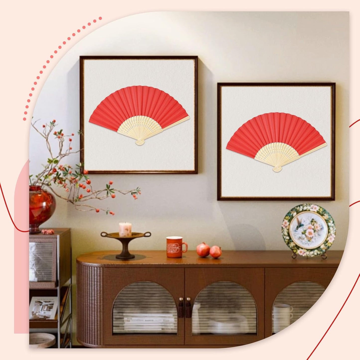 JOHOUSE 12 Pcs Paper Folding Hand Fans, 8.3 Inch Red Fans Handheld Decorative Accessories for Wedding, Outdoor Party Favors, Bridal Shower DIY Decoration Photography Props Hibachi Party Decorations