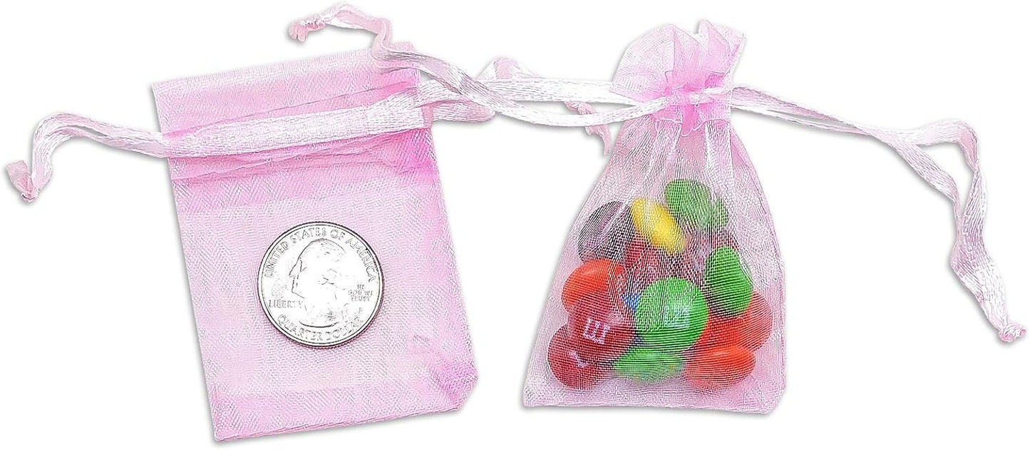TheDisplayGuys 48-Pack 2" x 2-3/4" Pink Sheer Organza Gift Bags with Drawstring, Jewelry Candy Treat Wedding Party Favors Mesh Pouch