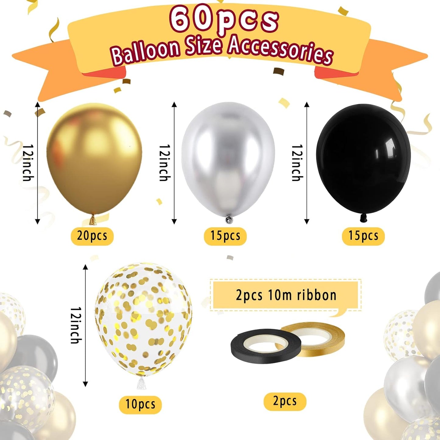 Paready Black and Gold Balloons, 60 Pcs 12 Inch Gold Confetti Balloon, Latex Party Balloons with Ribbons for Birthday Graduation Black Silver Party Wedding Engagement Anniversary Festival Decoration