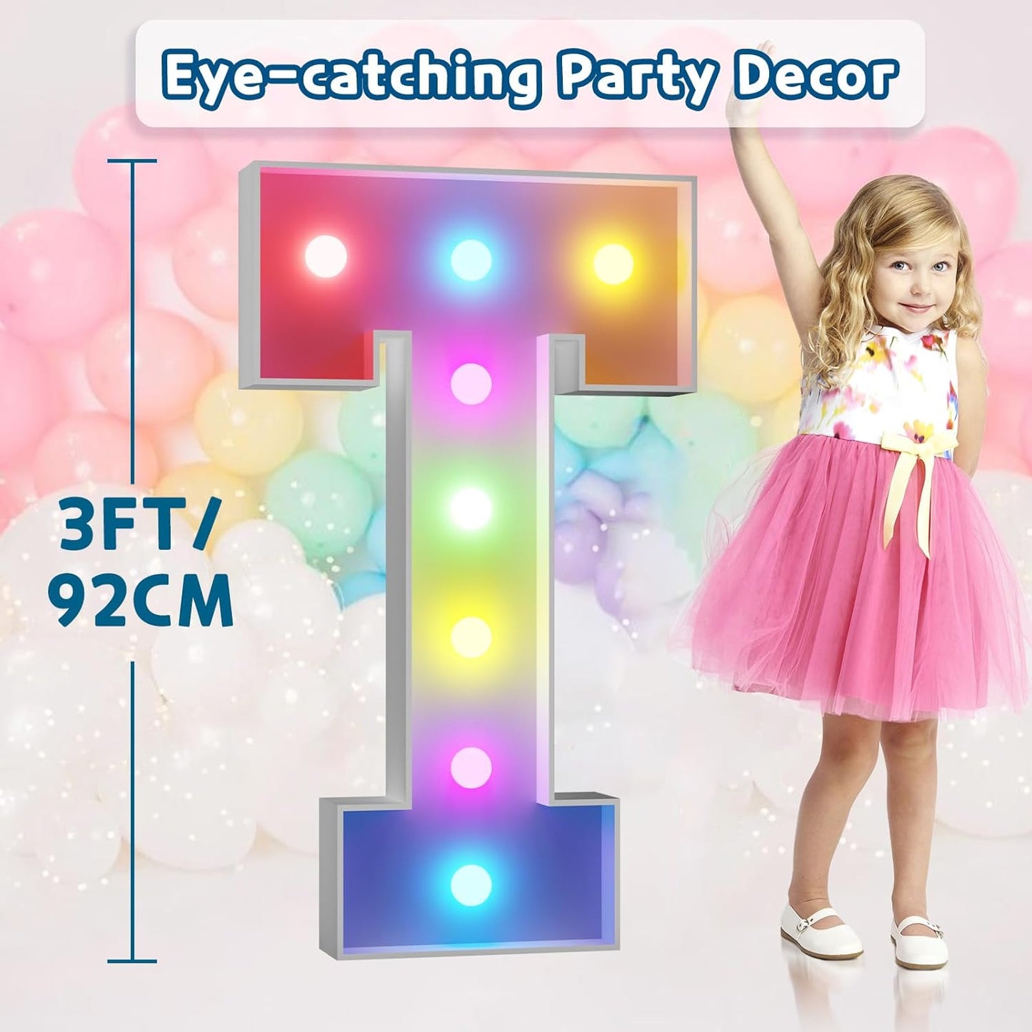 imprsv 3FT Colorful Marquee Light Up Letters T, 18 Colors Large Light up Letters Alphabet Sign with Remote, Big Marry Me Sign, Birthday Party Decorations Baby Shower Anniversary Wedding Decoration