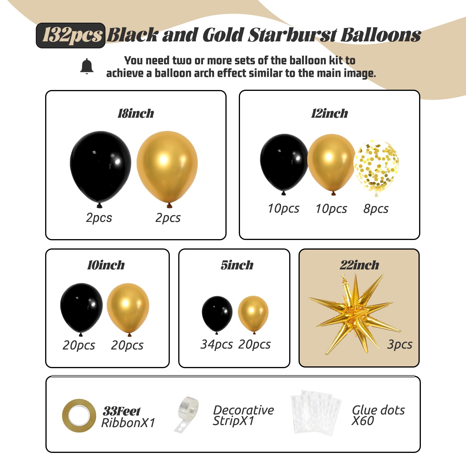 Black and Gold Balloons Garland Arch Kit with Black Gold Confetti Balloons