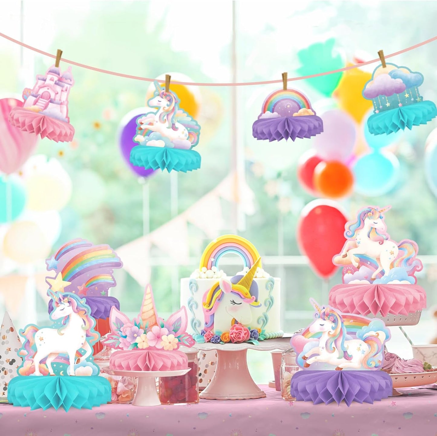 Unicorn Birthday Party Supplies Set - Rainbow Table Decorations with Honeycomb Centerpiece for Unicorn Party Decorations