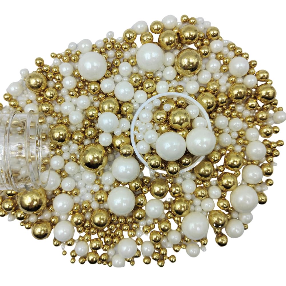 Edible White Gold Sugar Pearls Candy Sprinkles 120G/ 4.23Ounce Baking Cake Sprinkles Cupcake and Cake Topper Cookie Decorations Wedding Party Valentines Halloween Christmas Supplies