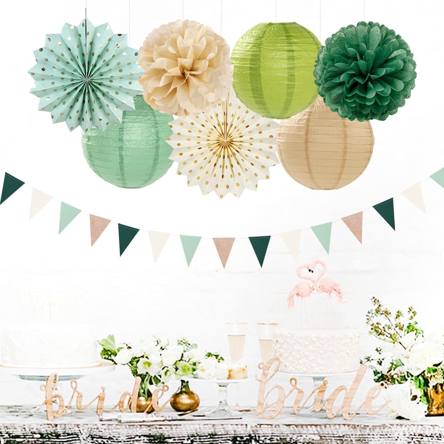 Sage-Green Boho Party-Decorations Paper-Flowers Lanterns - 20PCS Rustic Tissue Pom Poms Streamers Fans Honeycomb, Birthday Baby Shower Neutral Garden Neutral Wedding Hanging Supplies Decor Burgleda
