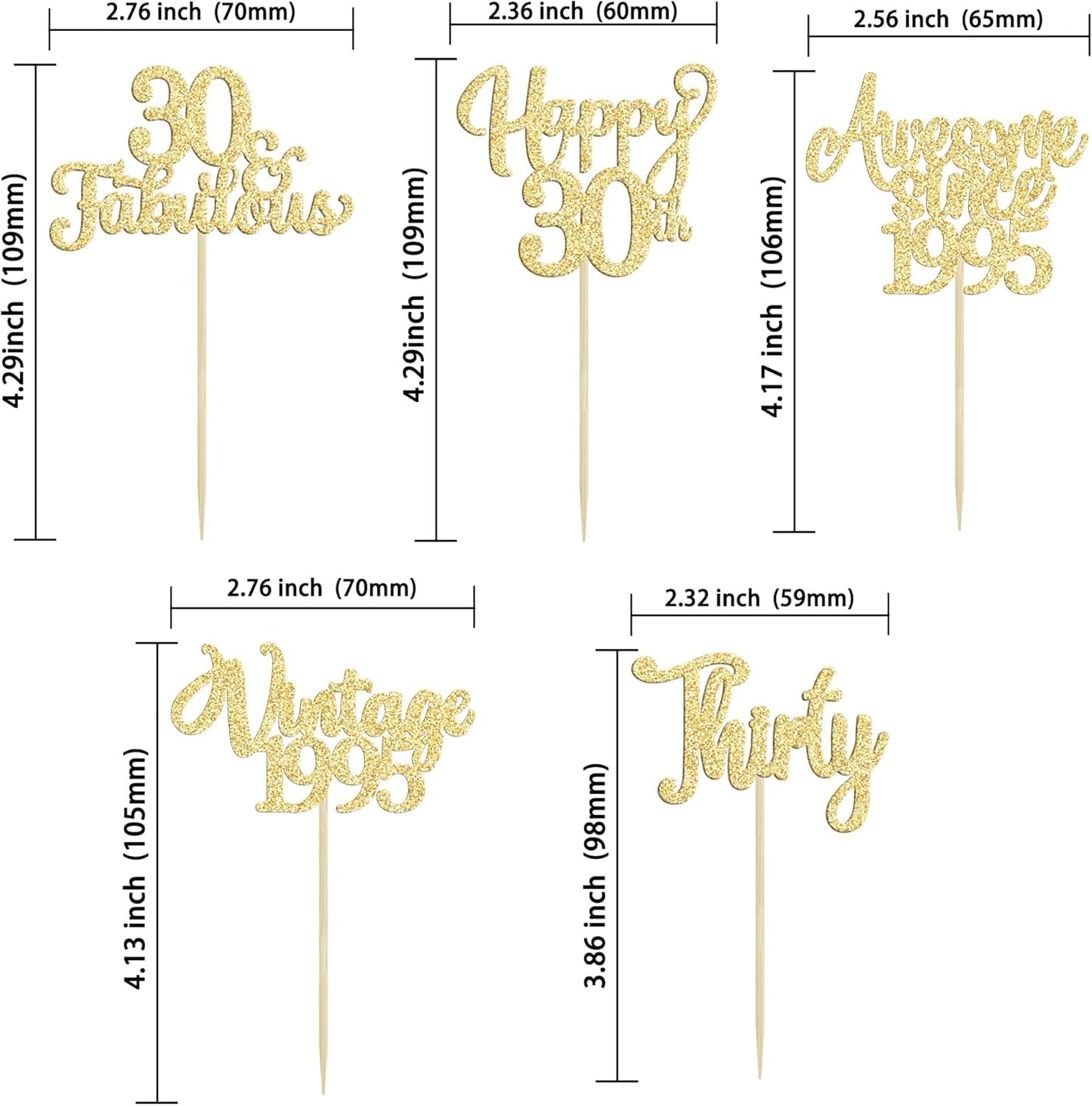 30Pcs Vintage 1995 Cupcake Toppers Glitter Thirty Happy 30th Birthday 30 Fabulous Cupcake Picks Cheers to 30 Years for 30th Birthday Wedding Anniversary Party Cake Decorations Supplies Gold