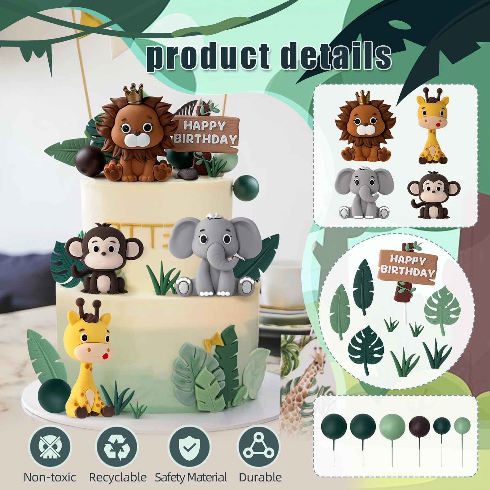 19pcs Safari Animal Cake Topper - Jungle Wild Cake Toppers with Leaves Balls Cake Decorations for